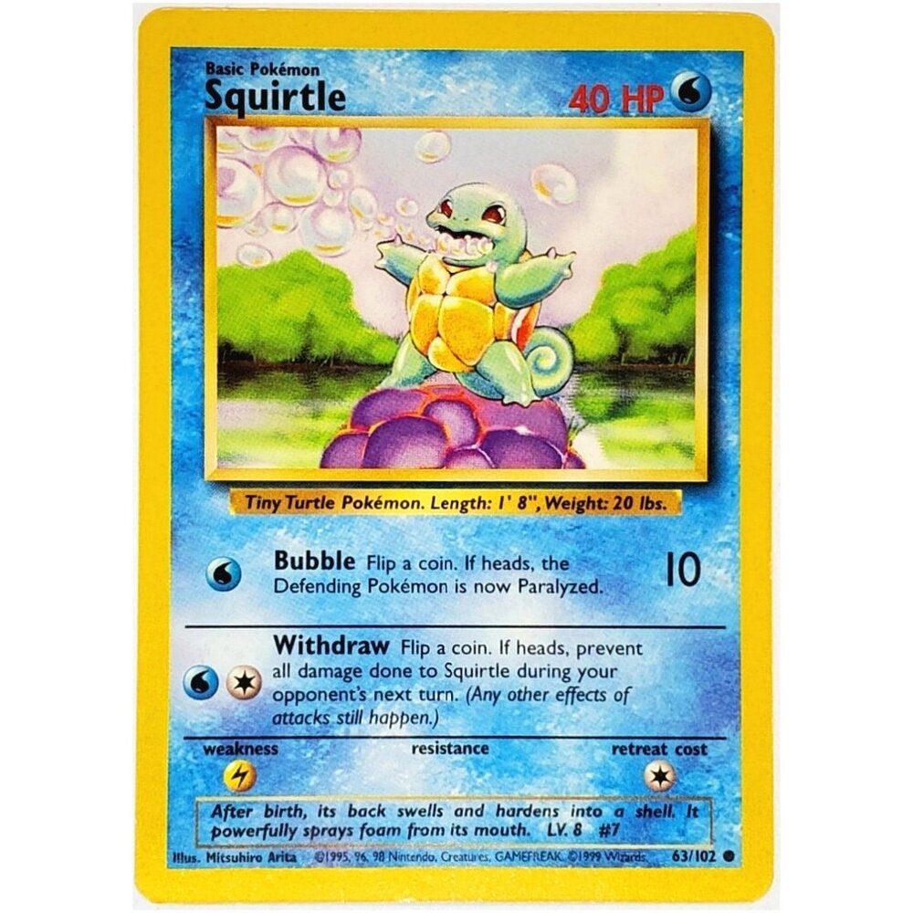 POKEMON SQUIRTLE 63/102 POKEMON BASE SET, UNLIMITED EDITION 1999 TCG